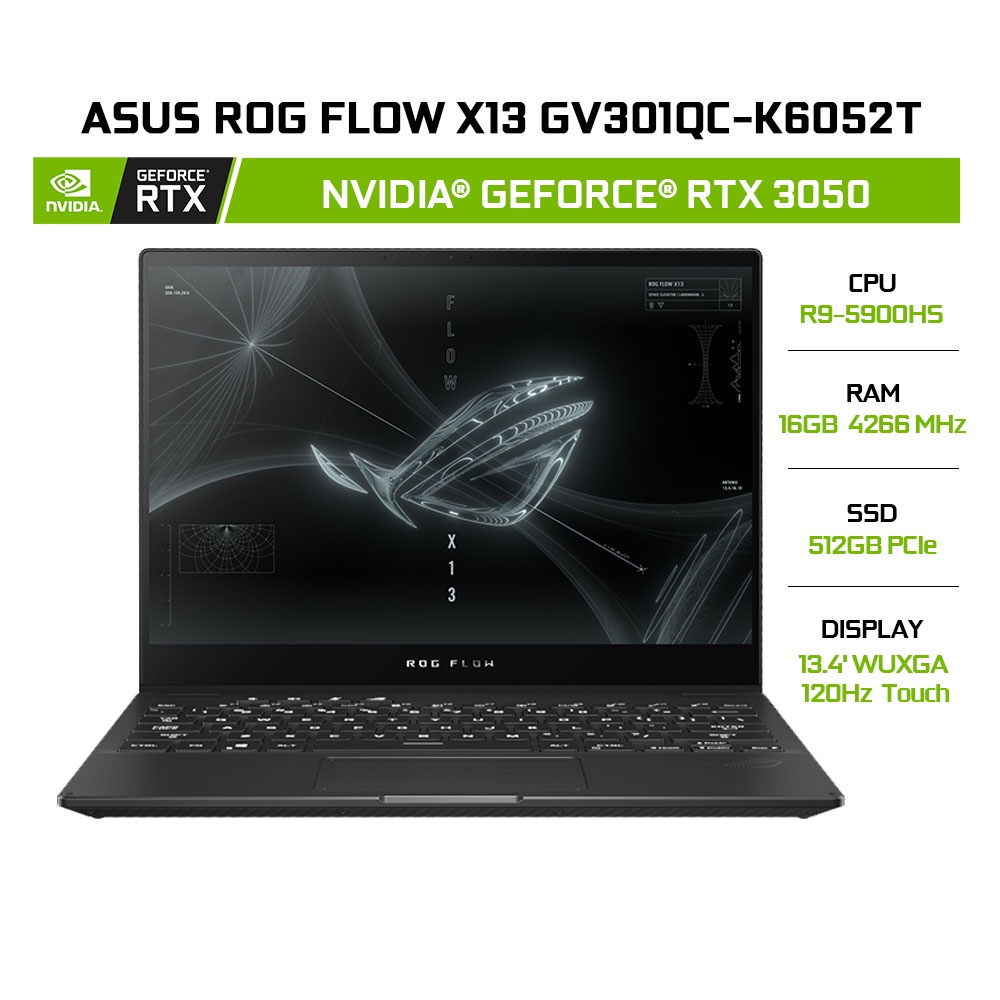 Laptop ASUS ROG Flow X13 GV301QC-K6052T R9-5900HS 16GB 512GB RTX3050 13.4'  Touch Win 10
