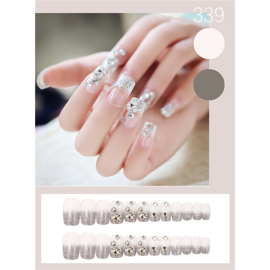 Bộ 24 móng tay giả Nail Nina trang trí nghệ thuật hoạ tiết trắng trong long lanh mã 339【Tặng kèm dụng cụ lắp】