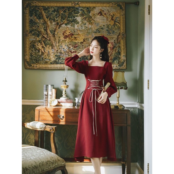 (Hàng Order không có sẵn) Váy vintage tay phồng, thắt nơ, phong cách cổ điển, chất liệu dày dặn, phù hợp cho mọi dịp | BigBuy360 - bigbuy360.vn