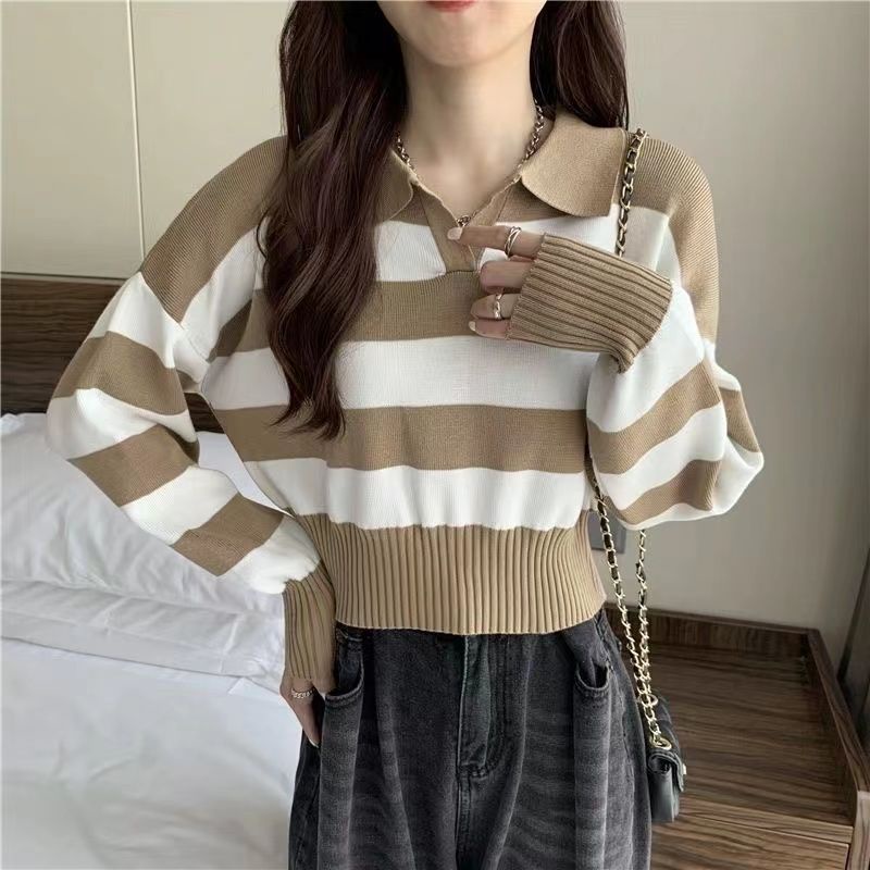 Áo Sweater Dệt Kim Tay Dài Cổ Polo Kẻ Sọc Xinh Xắn Cho Nữ