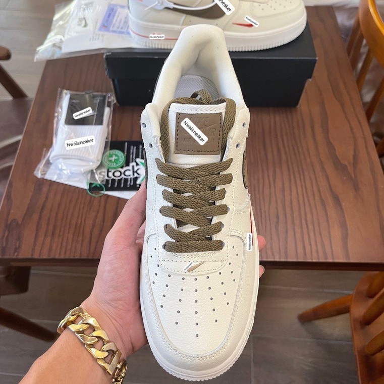 Giày thể thao AF1 vệt nâu, Giày sneaker air force 1 low premium white brown nam nữ cực chất dễ phối đồ 2022 full