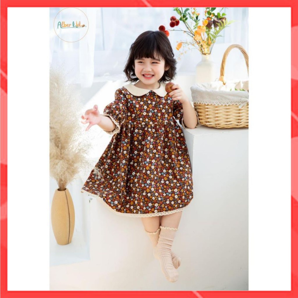 [Hàng Thiết Kế] Váy cho bé gái Flower Dress hoa nâu Thời Trang Alber Kids