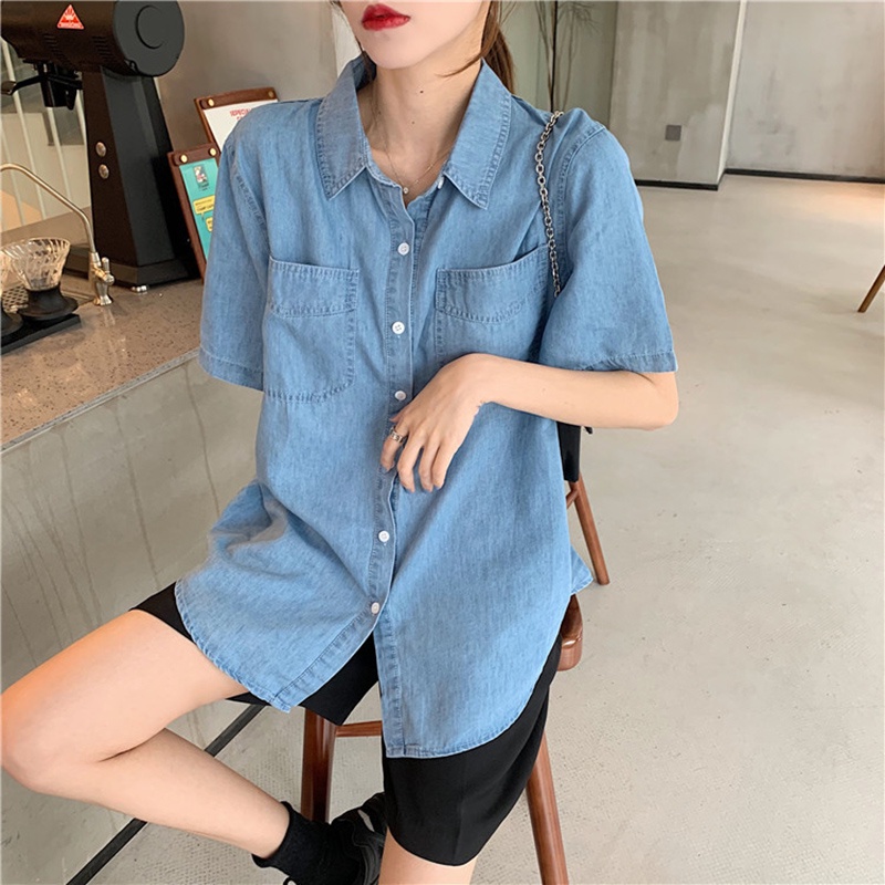 IELGY Áo sơ mi denim tay ngắn thiết kế mỏng thời trang mùa hè dành cho nữ
