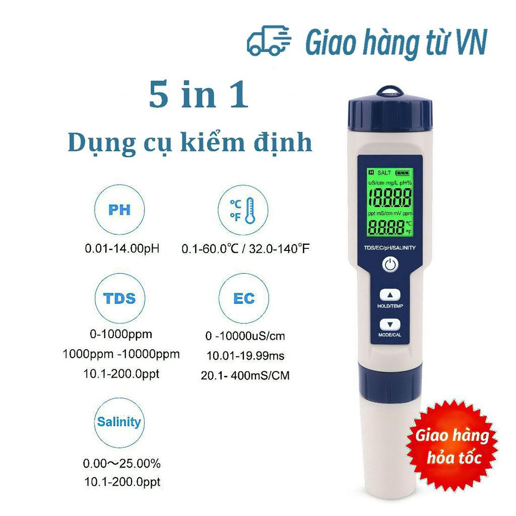 Bút đo độ mặn của nước 5 trong 1 pH/TDS/EC/độ mặn/nhiệt độ kèm 3 gói pH chuẩn