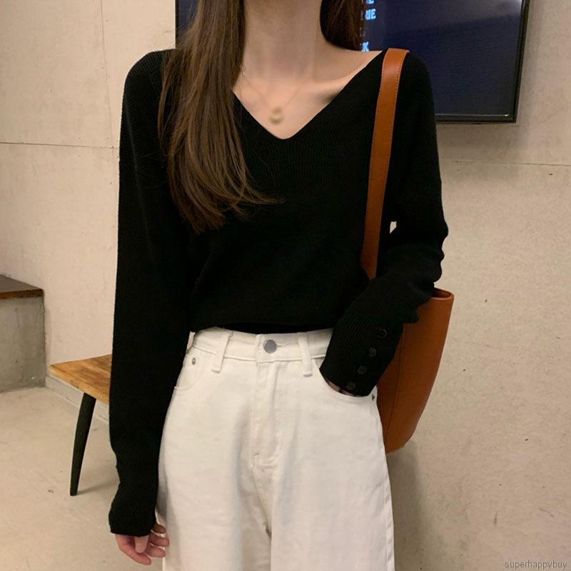 Áo sweater chui đầu tay dài cổ chữ V màu trơn thời trang mùa thu thanh lịch cho nữ