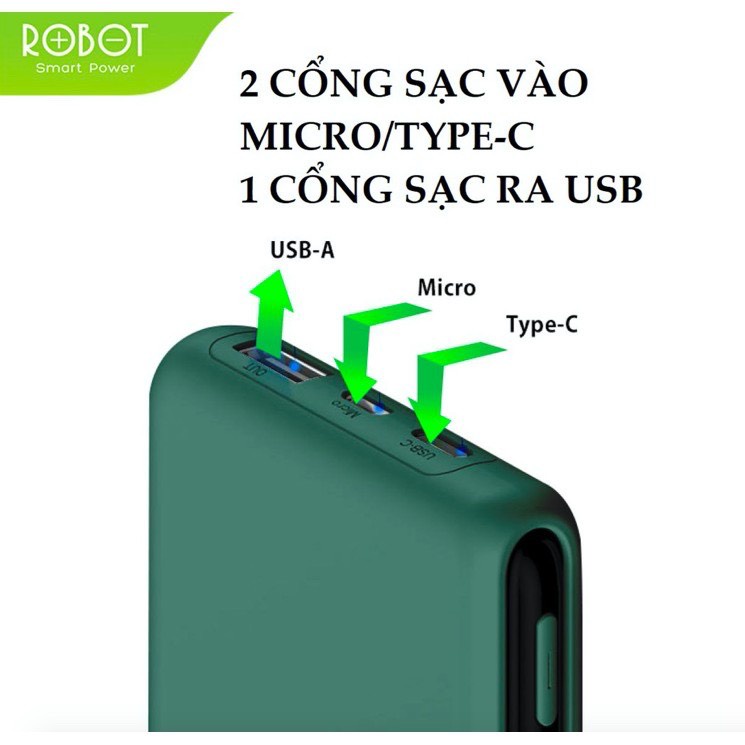 Pin Sạc Dự Phòng 10000mAh ROBOT RT180 -1 Output USB &amp; 2 Input Micro/Type-C