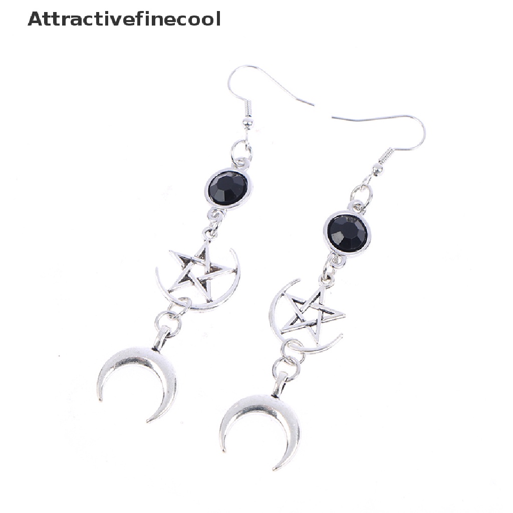 Bông Tai Đính Đá Đen Hình Ngôi Sao Và Mặt Trăng Phong Cách Gothic