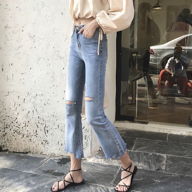 [ ORDER ] có bigsize Quần jeans rách gối, gấu loe lệch tua rua hot hit, sang chảnh, mẫu mới 2019