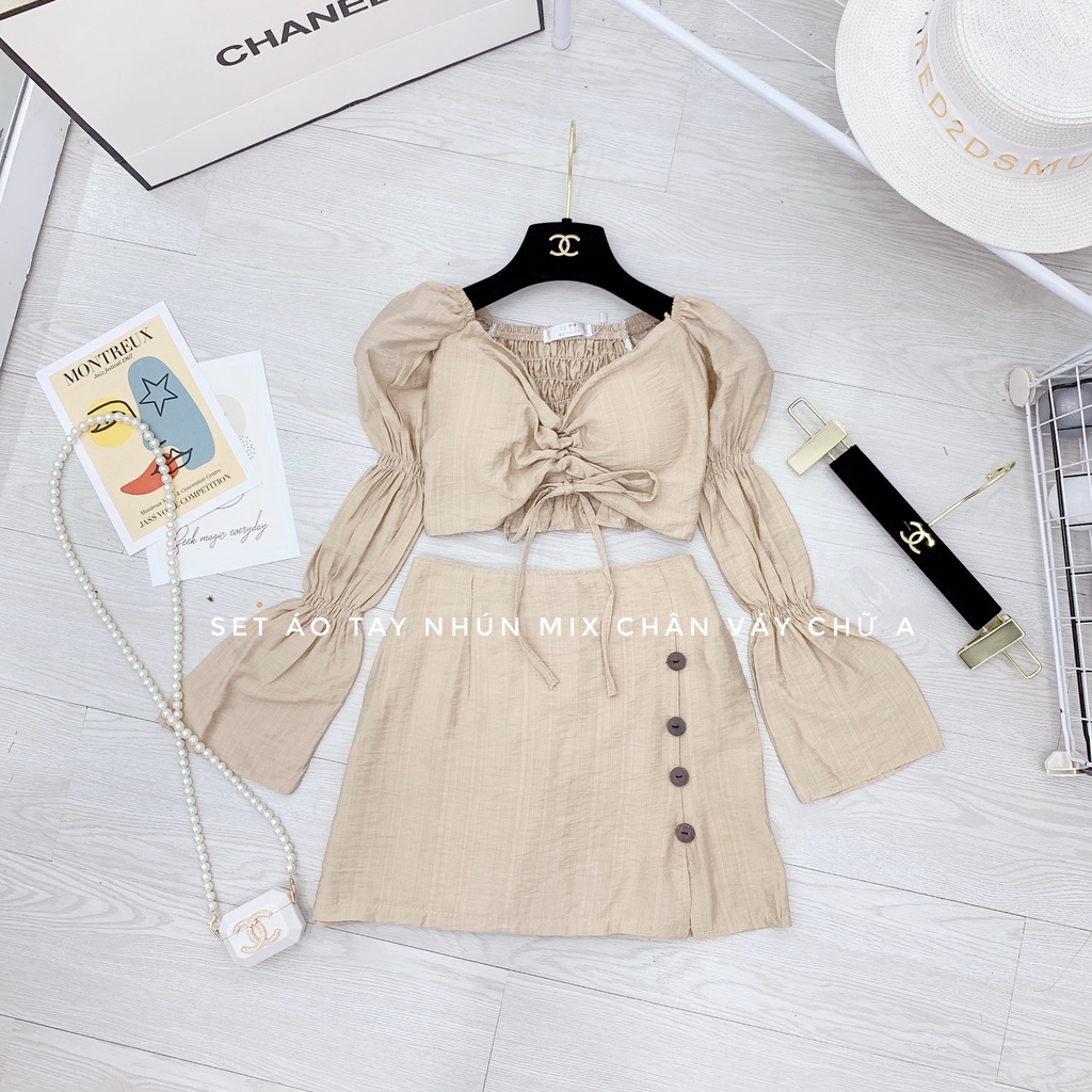 Set croptop nhún tay chân váy ngắn xẻ tà chữ a NN734