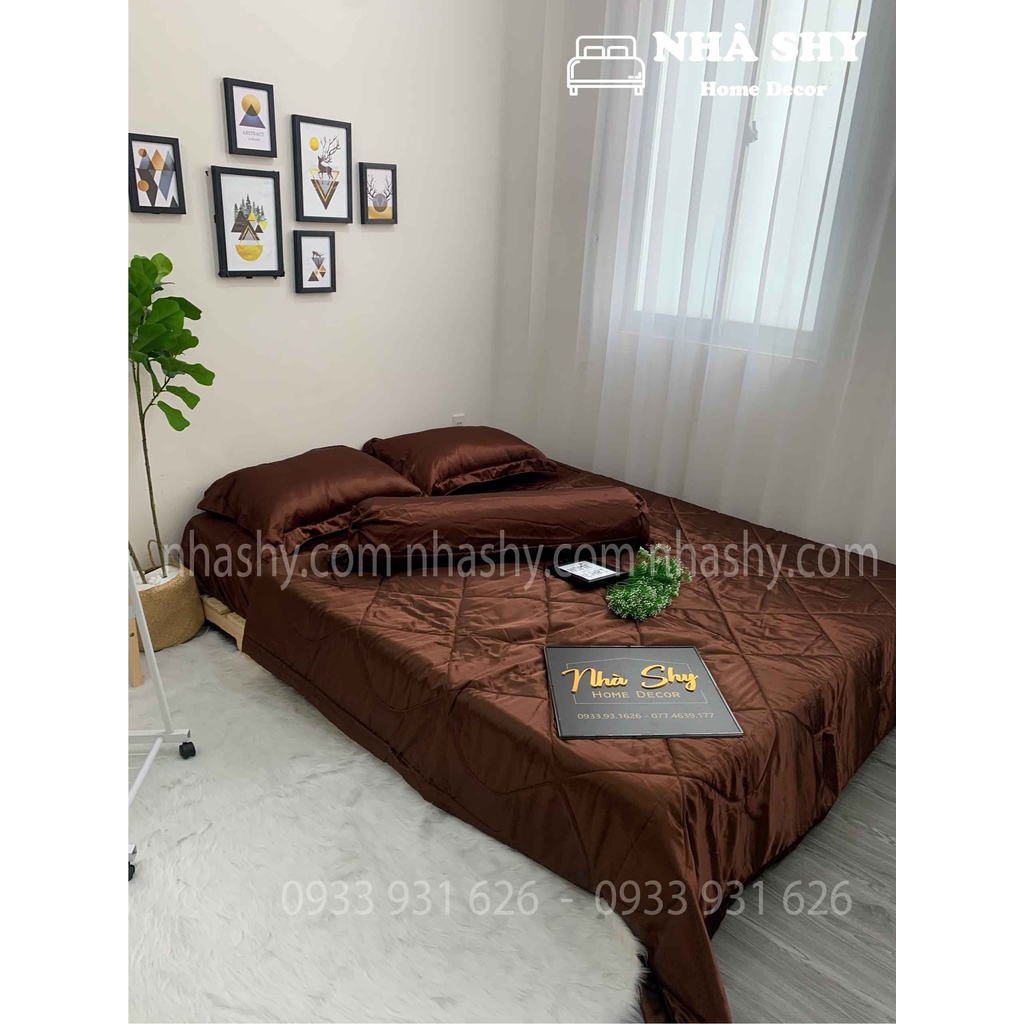 TRỌN BỘ DRAP GIƯỜNG PHI LỤA BÓNG CAO CẤP - MÀU NÂU ĐẬM - MÃ 07