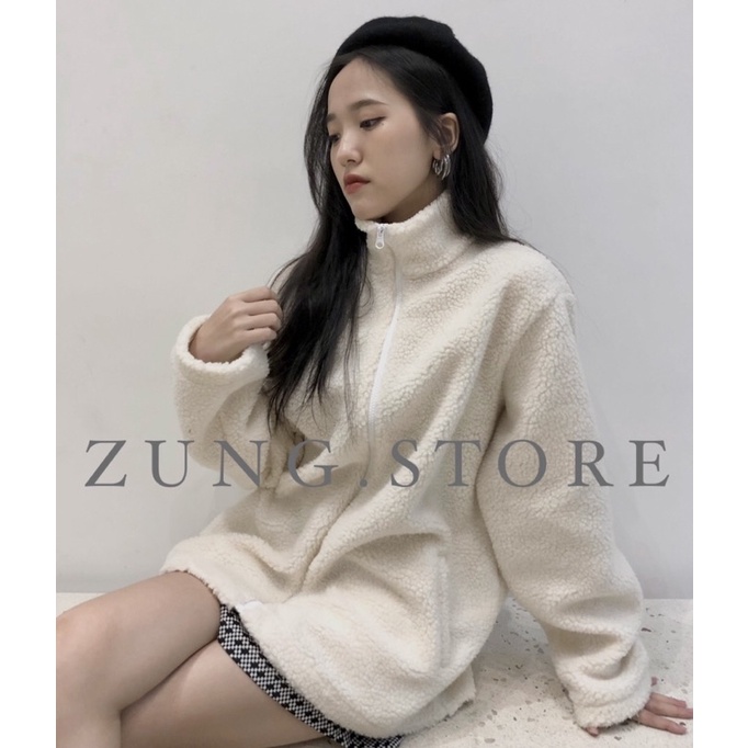 Áo khoác lông cừu mịn freesize cổ cao, dáng rộng nam nữ, couple 2 màu trắng kem và đen (ảnh thật shop chụp) | BigBuy360 - bigbuy360.vn