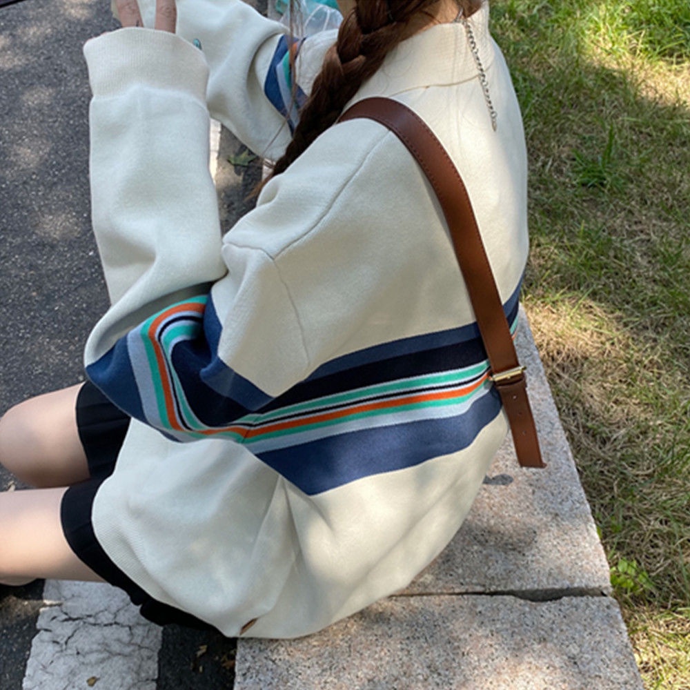 Áo sweater tay dài cổ polo dáng rộng họa tiết sọc ngang thời trang mới | BigBuy360 - bigbuy360.vn