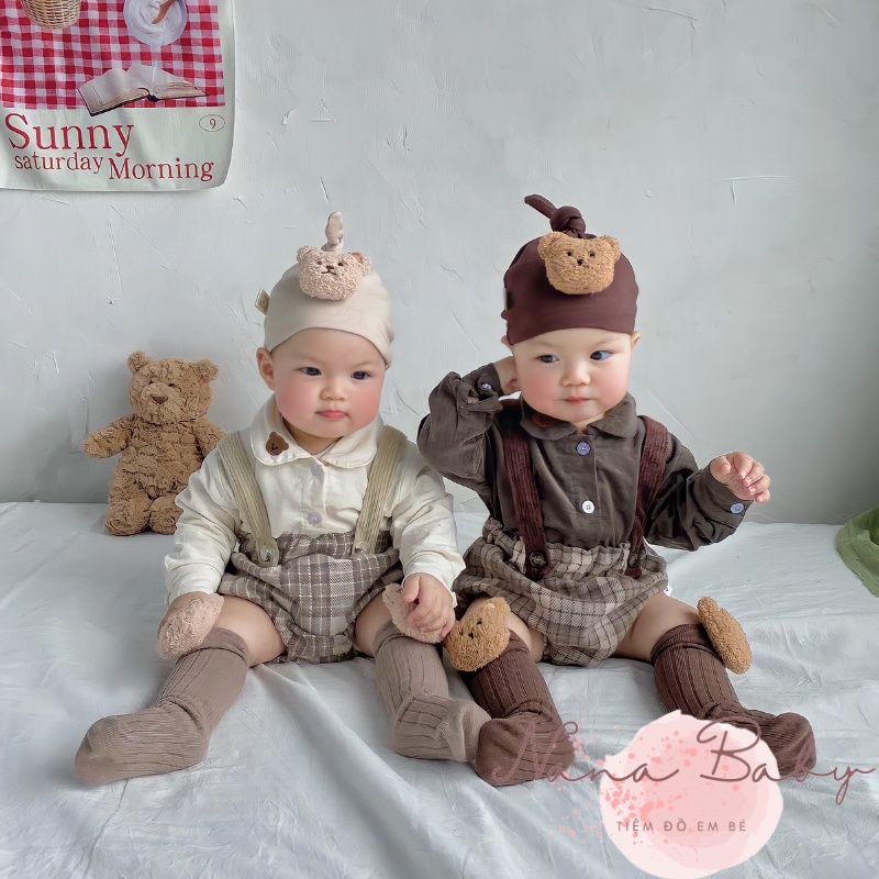 Mũ nón chất cotton thắt nút đính gấu đáng yêu cho bé 0-12m NanaBaby MD63