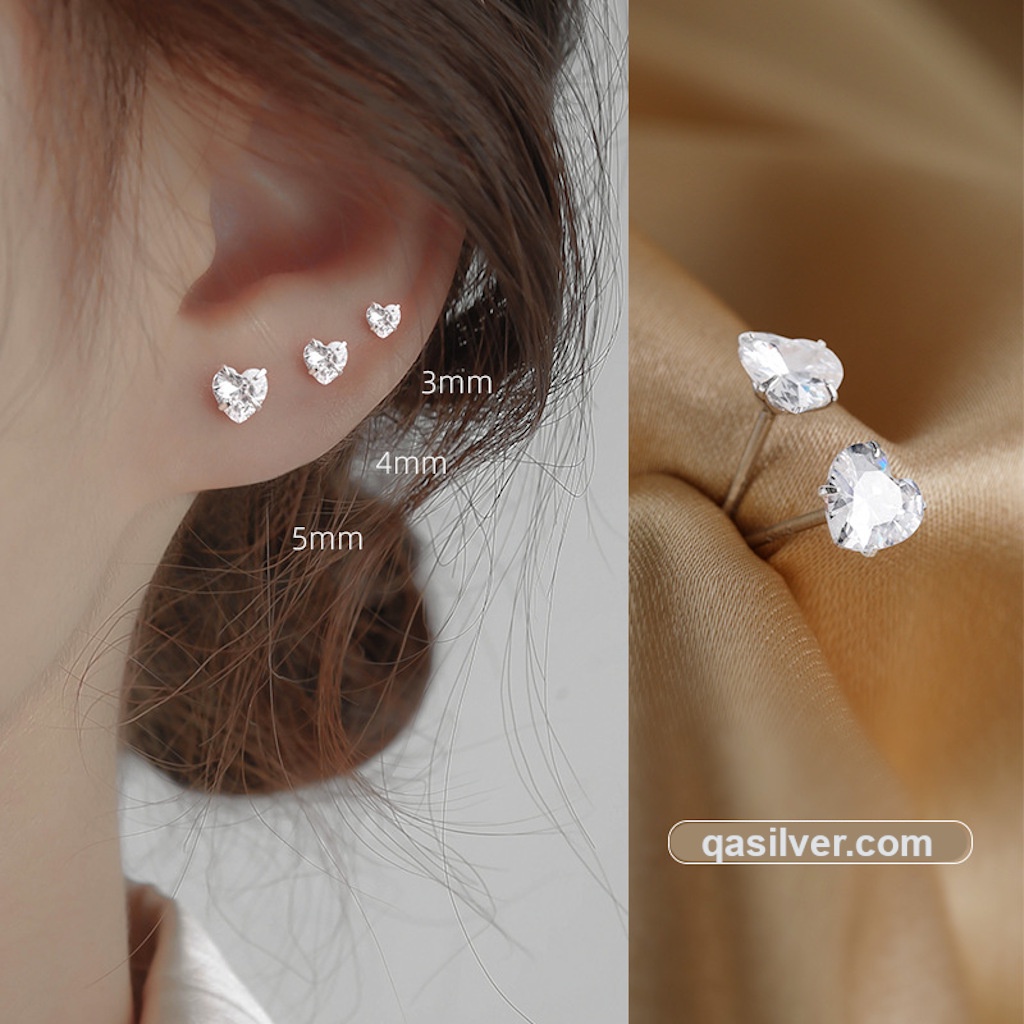 Bông tai bạc trái tim khuyên tai nụ đá zircon nhân tạo tối giản S925 HEART Silver Earrings QA SILVER EA201203