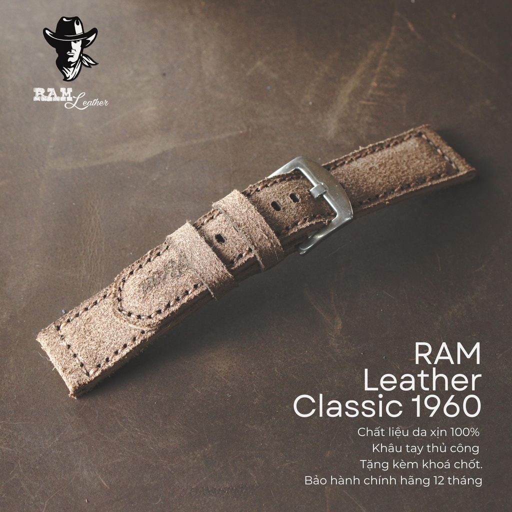 Dây Đồng Hồ Da Thật RAM Leather 1960 Da Bò Lộn Nâu Đậm RAM Leather Bền Đẹp