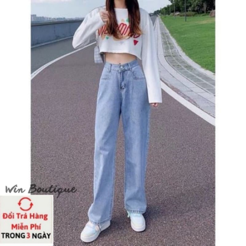 Quần jean bò ống rộng nâu quần jean bò ống suông jeans nữ cạp cao 1 khuy Hottrend 2021Win Boutique