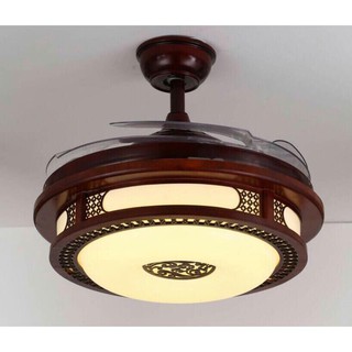 Quạt trần đèn cao cấp vân gỗ trang trí điều khiển DQ 8027 cánh cụp cánh xòe 3 chế độ