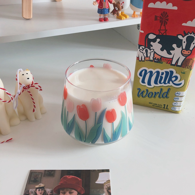 Ly thủy tinh uống nước họa tiết hoa tulip đơn giản phong cách retro đáng yêu