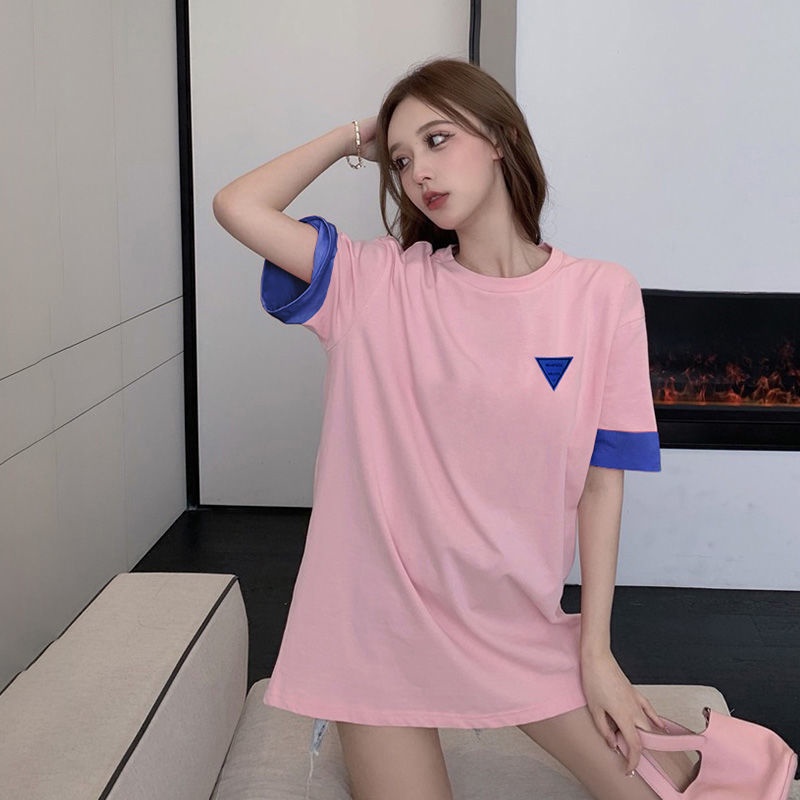 Áo Thun Tay Ngắn Dáng Rộng Màu Sắc Tương Phản Phong Cách Hàn Quốc Thời Trang Mùa Hè Cho Nữ