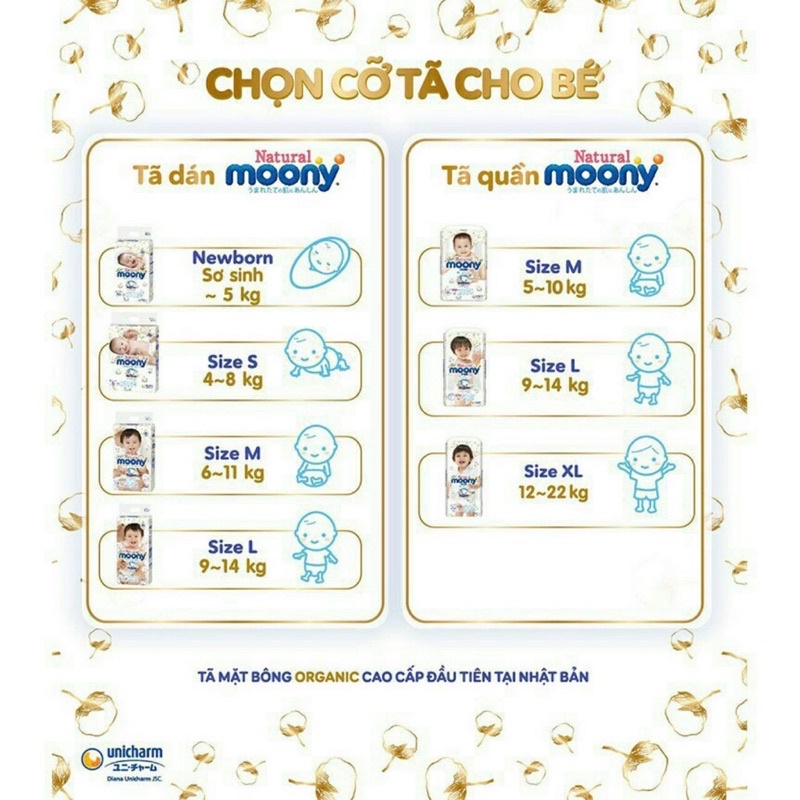 Bỉm Moony Natural Nội Địa Nhật Dán/Quần Size NB63/S58/M48/L38-L36/XL32