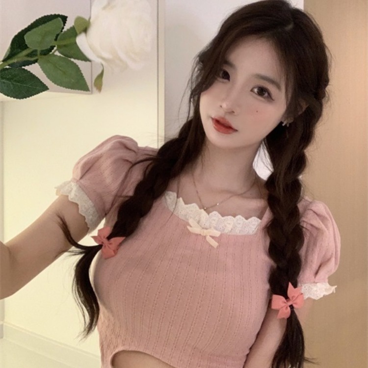 Áo kiểu croptop ZHELIHANGFEI tay ngắn phồng phối ren thời trang quyến rũ dành cho nữ