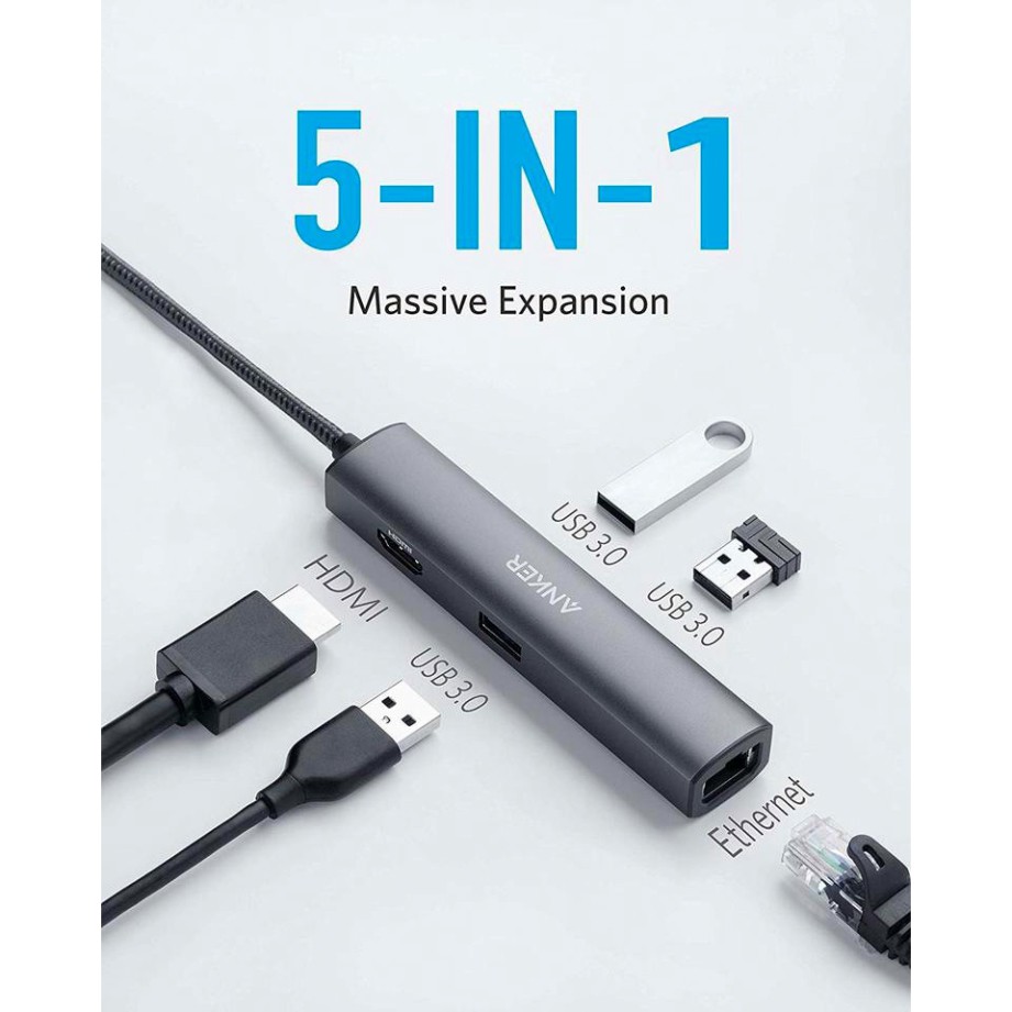 Bộ HUB chuyển đổi Type C Anker PowerExpand+ 5 in 1 A8338 ,HDMI, RJ45 , USB 3.0*3