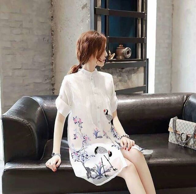 Đầm suông họa tiết chim cò cao cấp, mẫu váy đầm sơ mi suông rộng bigsize đi tiệc, đầm suông công sở mẫu mới siêu hot