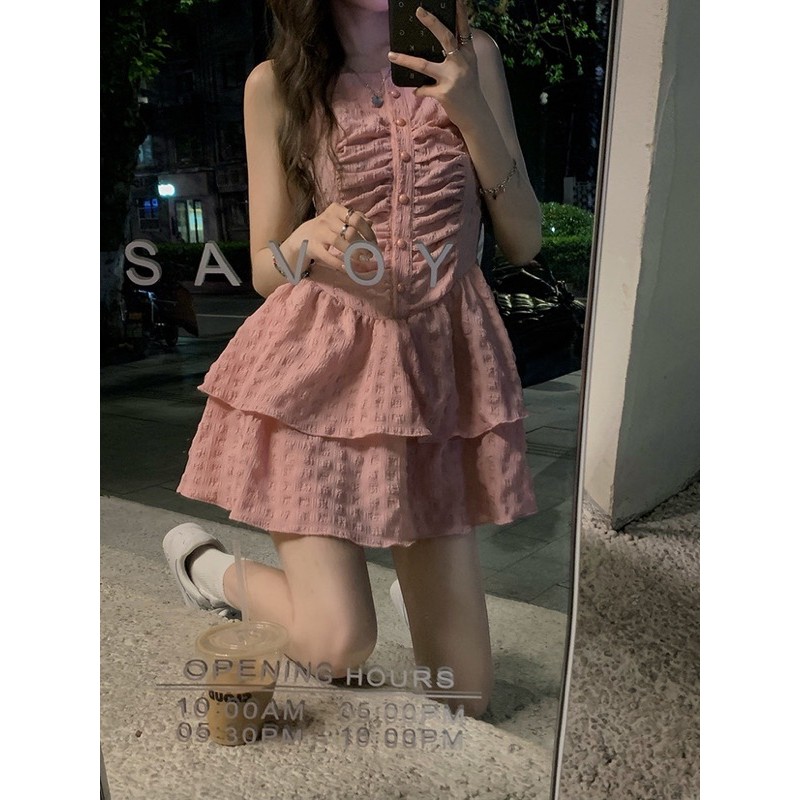 Váy 2 dây hồng pastel xếp tầng dễ thương ulzzang Hàn Quốc [Yannie]