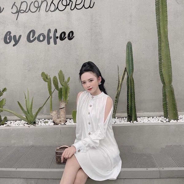 Đầm sơ mi suông lụa trắng hở vai tiểu thư dáng rộng thụng siêu xinh, Váy dự tiệc dáng xuông khoét vai hàng đẹp | BigBuy360 - bigbuy360.vn