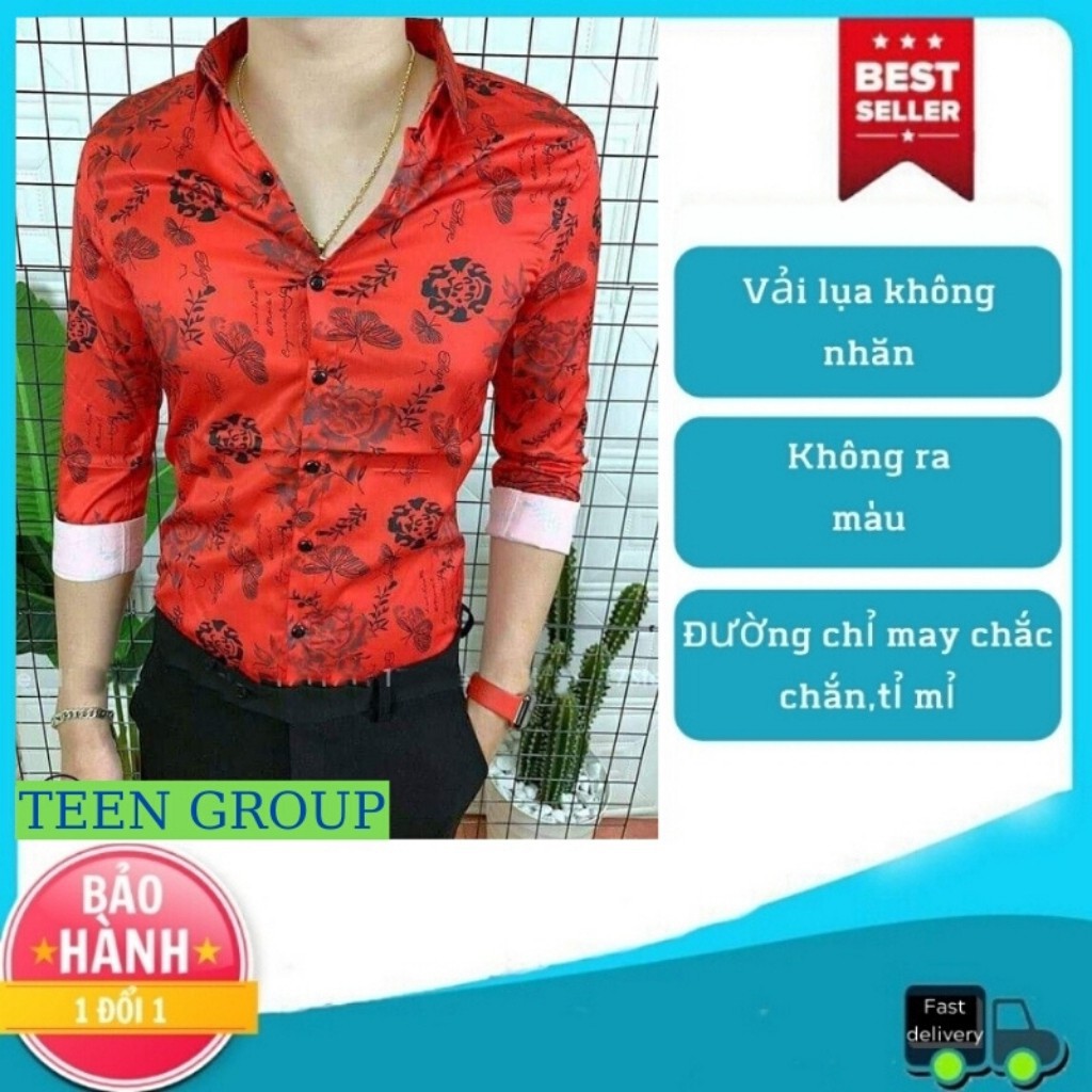 ÁoSơ mi nam Sơ mi nam chất lụa dài tay cao cấp hoa văn đỏ hoa hồng - Hàng nhập khẩu