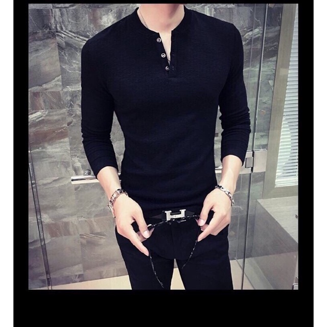 Áo thun dài tay cổ V trụ thời trang phong cách - đen