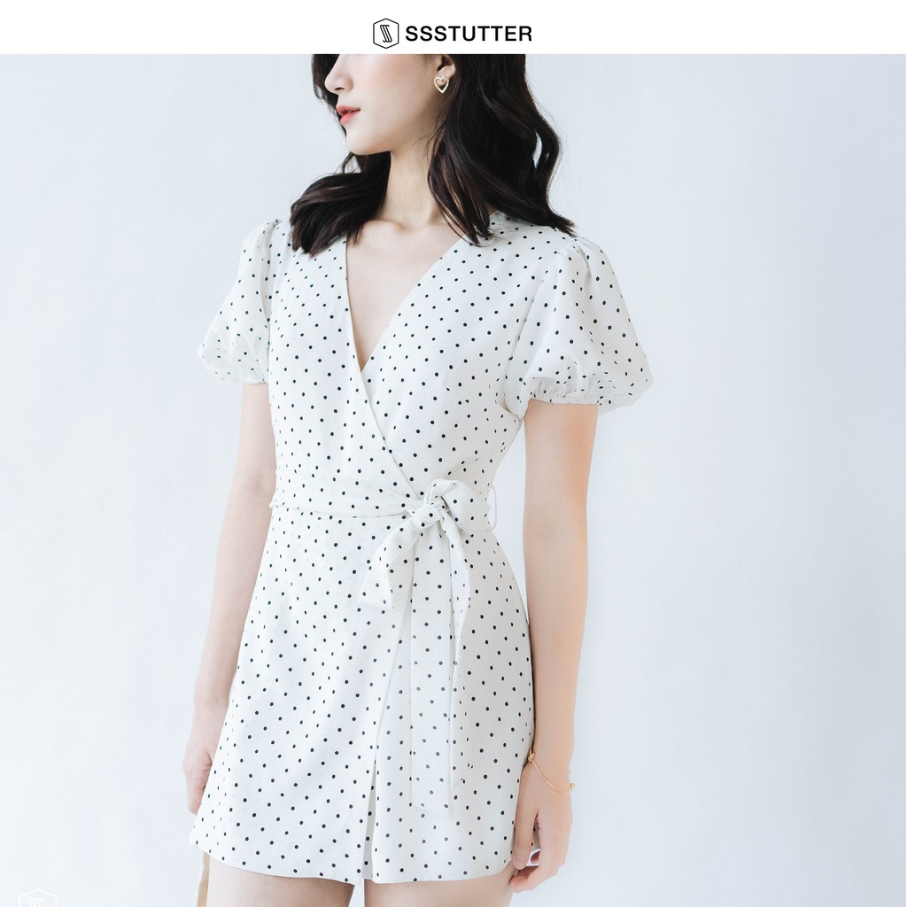 Jumpsuit nữ SSSTUTTER thoáng mát kiểu tay bồng chiết eo thắt nơ dots jumpsuit