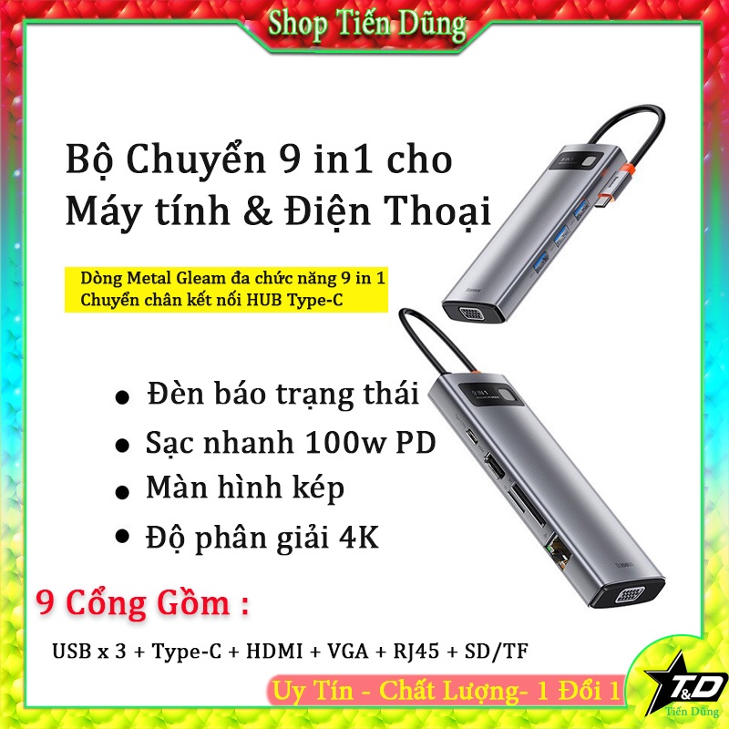 Bộ HUB Chuyển Đổi 9 in 1 Baseus Gồm Các Cổng USB + HDMI + VGA + Type-C + Mạng Lan RJ45 + Cổng SD/TF