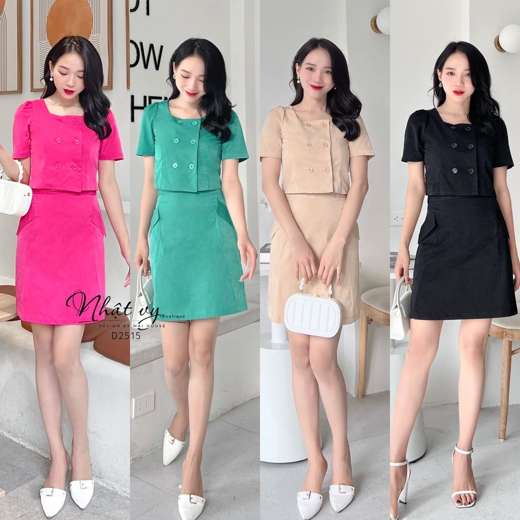 Áo cổ vuông công sở Nhật Vy cài cúc kèm chân váy đắp túi chất thun tapta phù hợp đi chơi dạo phố cafe - D2515