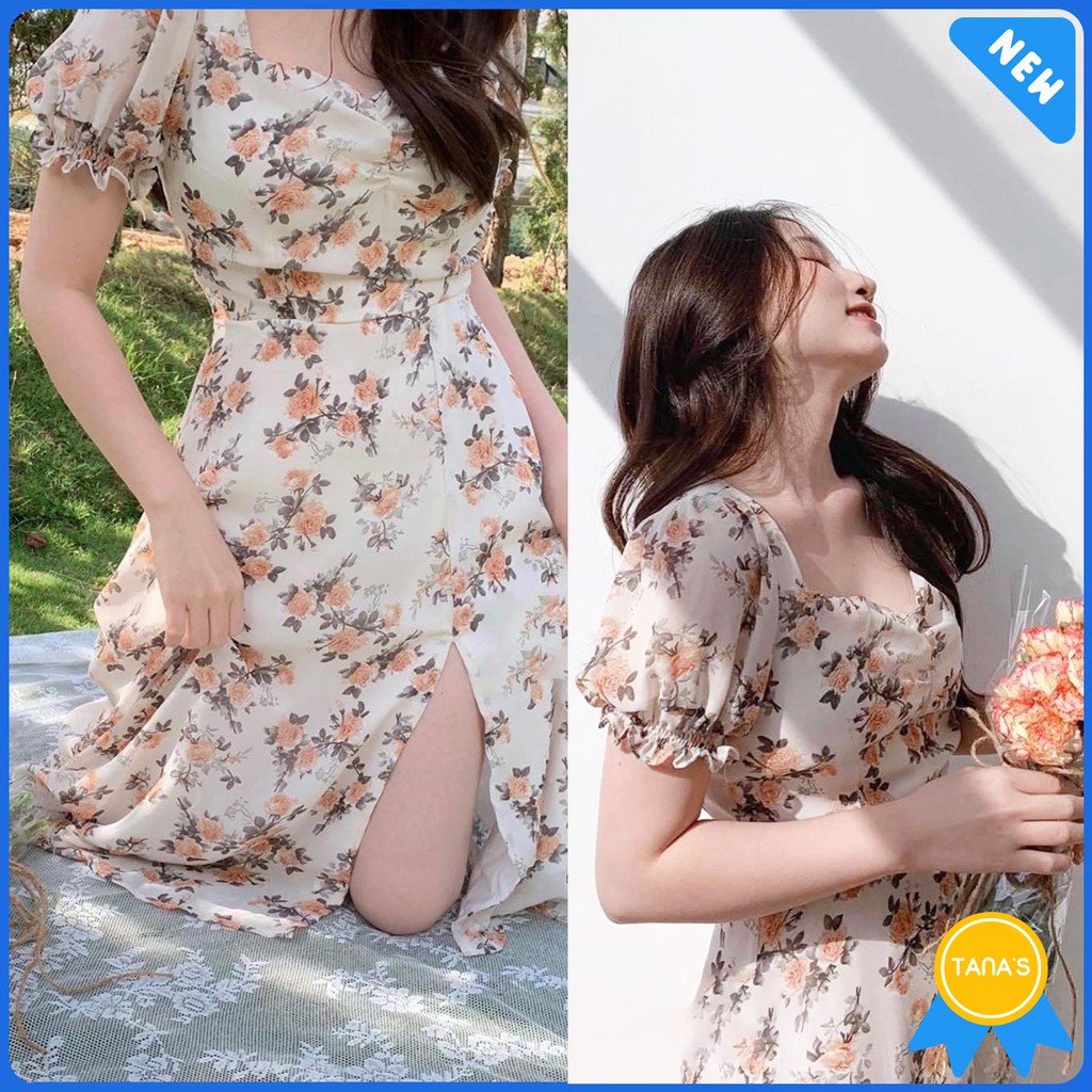 [TANA'S] Đầm hoa nhún ngực tay phồng xẻ tà siêu xinh