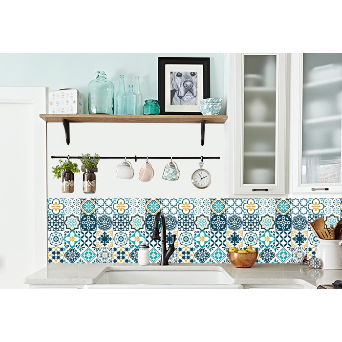 Decal gạch bông 60x120  - decal tông xanh trang trí nhà cửa - Ms: KT12