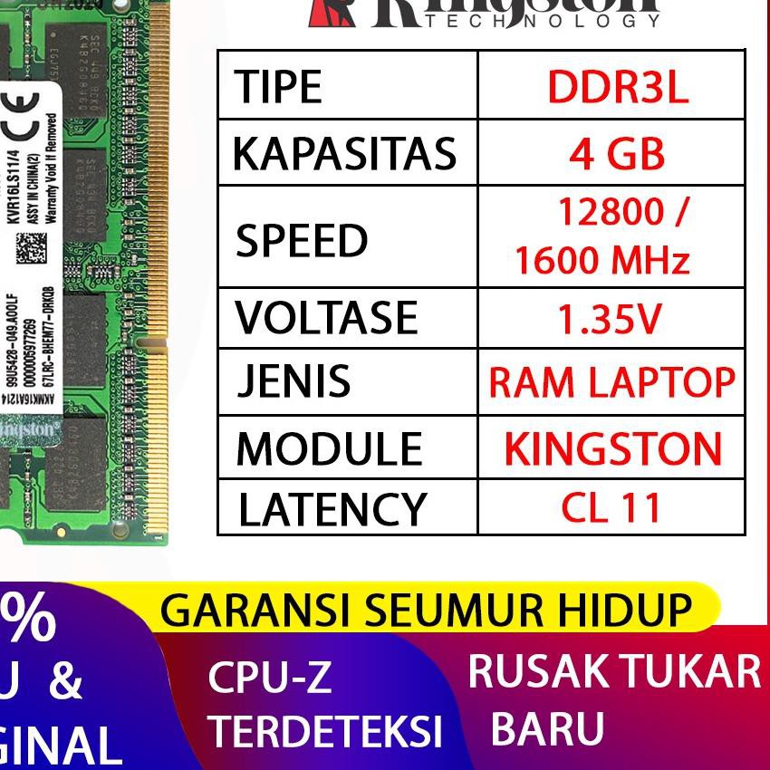 Laptop Kingston Ddr3L Ram 4gb 12800 / 1600mhz Ori Ram Sodimm 1.35v 4gb