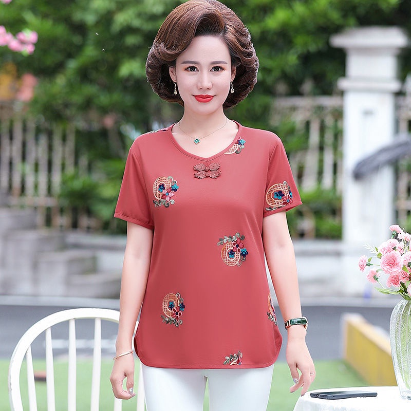 Bà mẹ trung niên và cao tuổi tay ngắn mùa hè cổ tròn cộng với áo cỡ 50-70 thun cotton thêu đơn giản sơ mi nữ