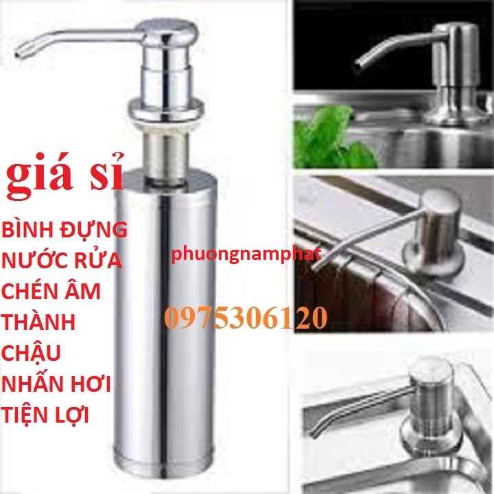 Bình Đựng Nước Rửa Chén 100% INOX BÌNH XÀ BÔNG nhấn hơi gắn âm thành, chậu nào cũng lắp vừa