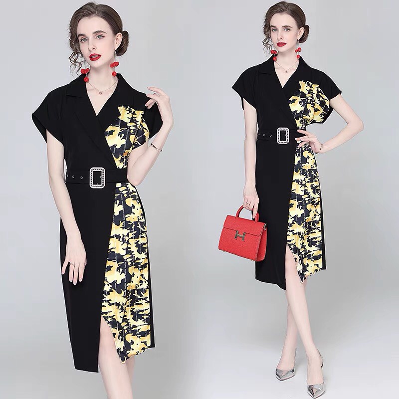 Đầm Thiết Kế Công Sở Phối Họa Tiết Sang Trọng Kèm Belt Hàng Nhập Quảng Châu Cao Cấp