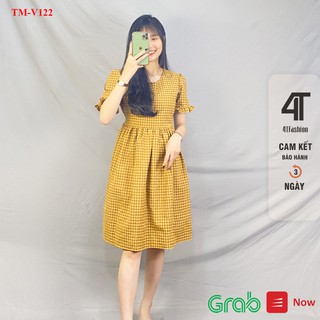 Đầm bầu bigsize nữ 4Tfashion  - Váy babydoll kẻ caro đính viền bèo siêu xinh