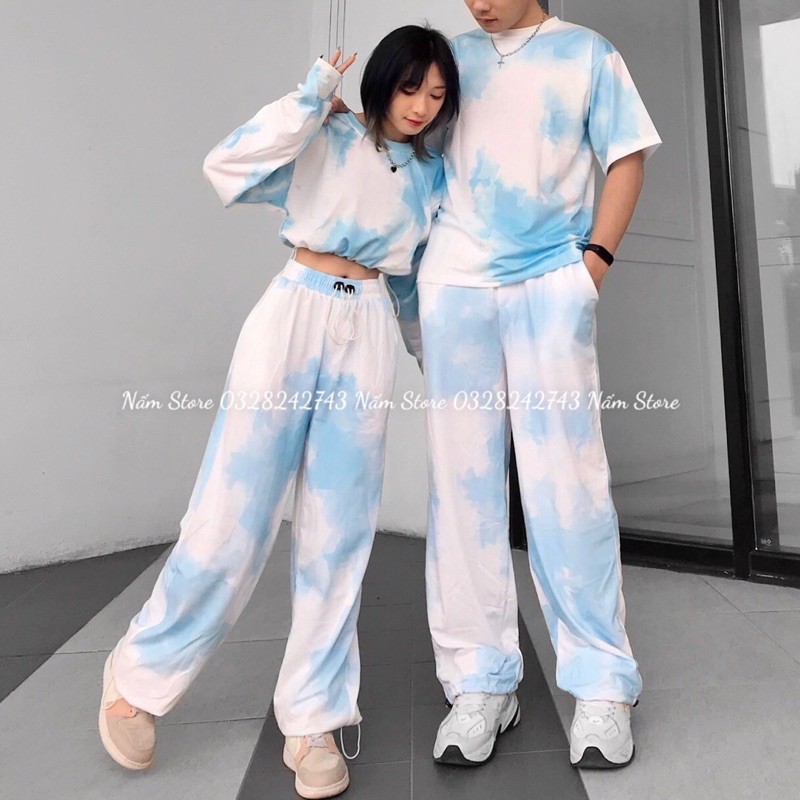 Set đồ đôi couple nam nữ - Set áo croptop loang tay dài bo eo + Quần jogger loang dài ống rộng dây rút