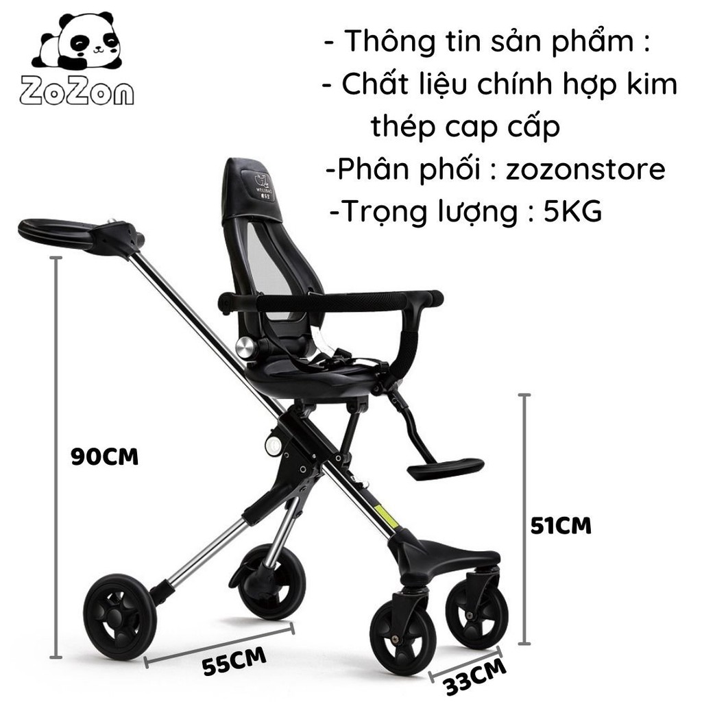 Xe đẩy cho bé gấp gọn Zozon 2 chiều 4 bánh có cần đẩy mái che đi du lịch cho bé từ 6,8,10,12 tháng tuổi