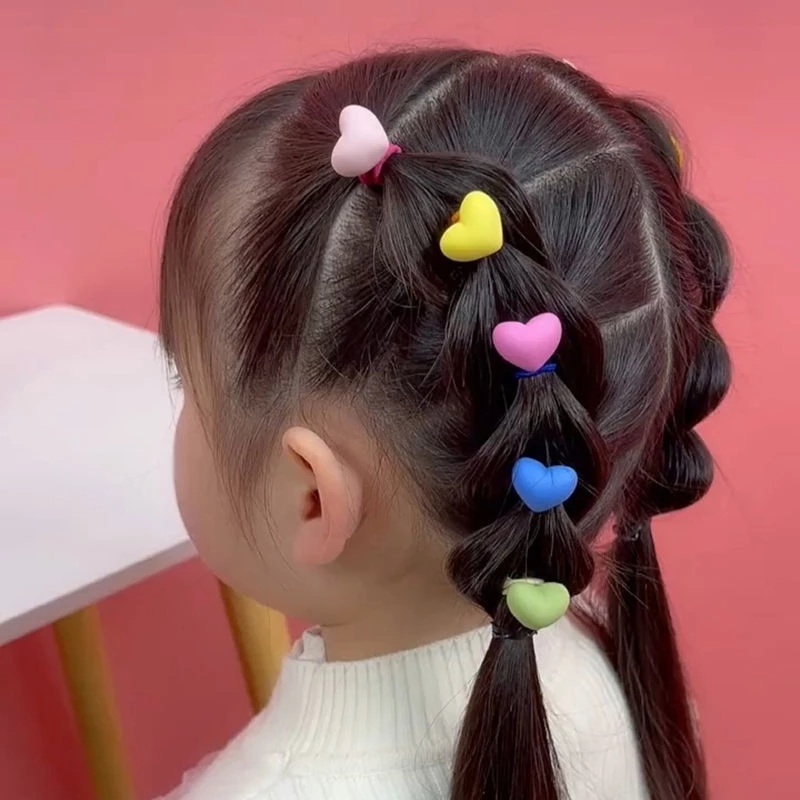10Pcs Cartoon Simple Heart Bow Girls Cute Hair Bands Candy Color Multicolor Soft Elastic Rubber Band Scrunchies Kids Hair Accessories