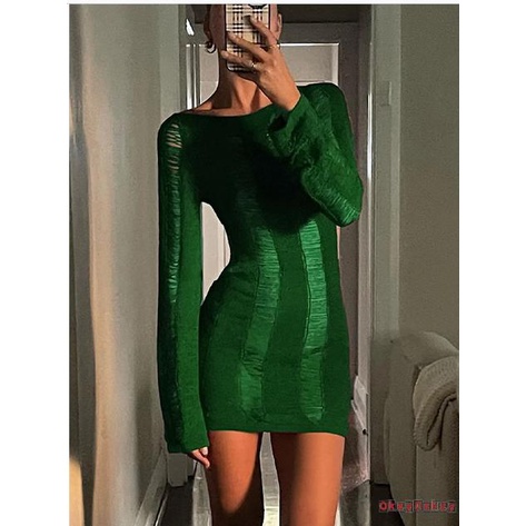 Đầm Dệt Kim Tay Dài Cổ Tròn Màu Trơn Khoét Lỗ Thời Trang Đi Biển Cho Nữ