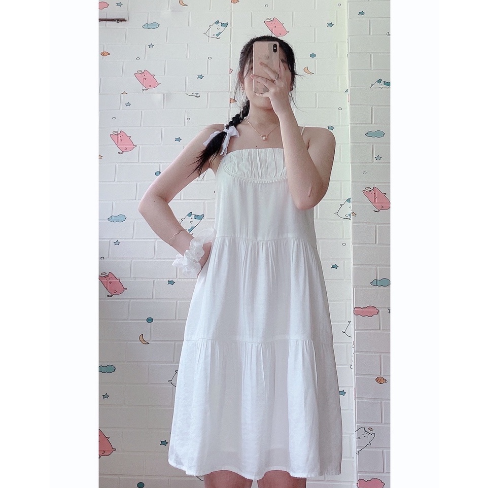 🔥HÌNH THẬT🔥 Đầm babydoll hai dây phối ren nhẹ nhàng 2 lớp (trắng - vàng)