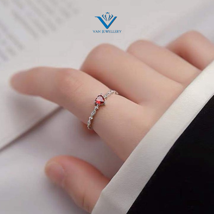 Nhẫn bạc Nhẫn đá tim đỏ cam thanh lịch tự điều chỉnh size tay Van jewelry V10759