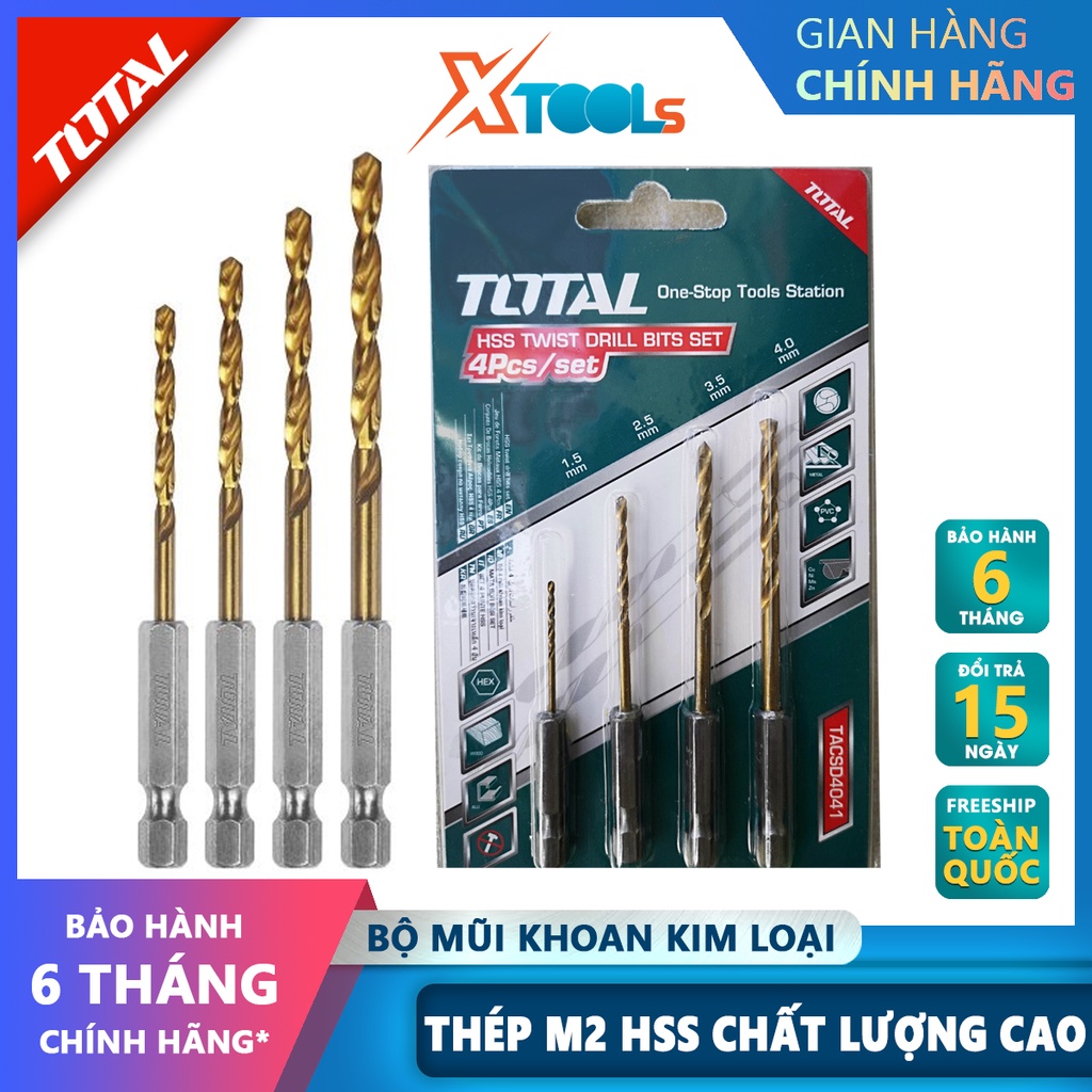 Bộ 4 mũi khoan kim loại kim đuôi lục giác TOTAL TACSD4041 Combo 4 mũi khoan đuôi gài Gồm 4 size, Đuôi lục giác 1/4&quot;, thé