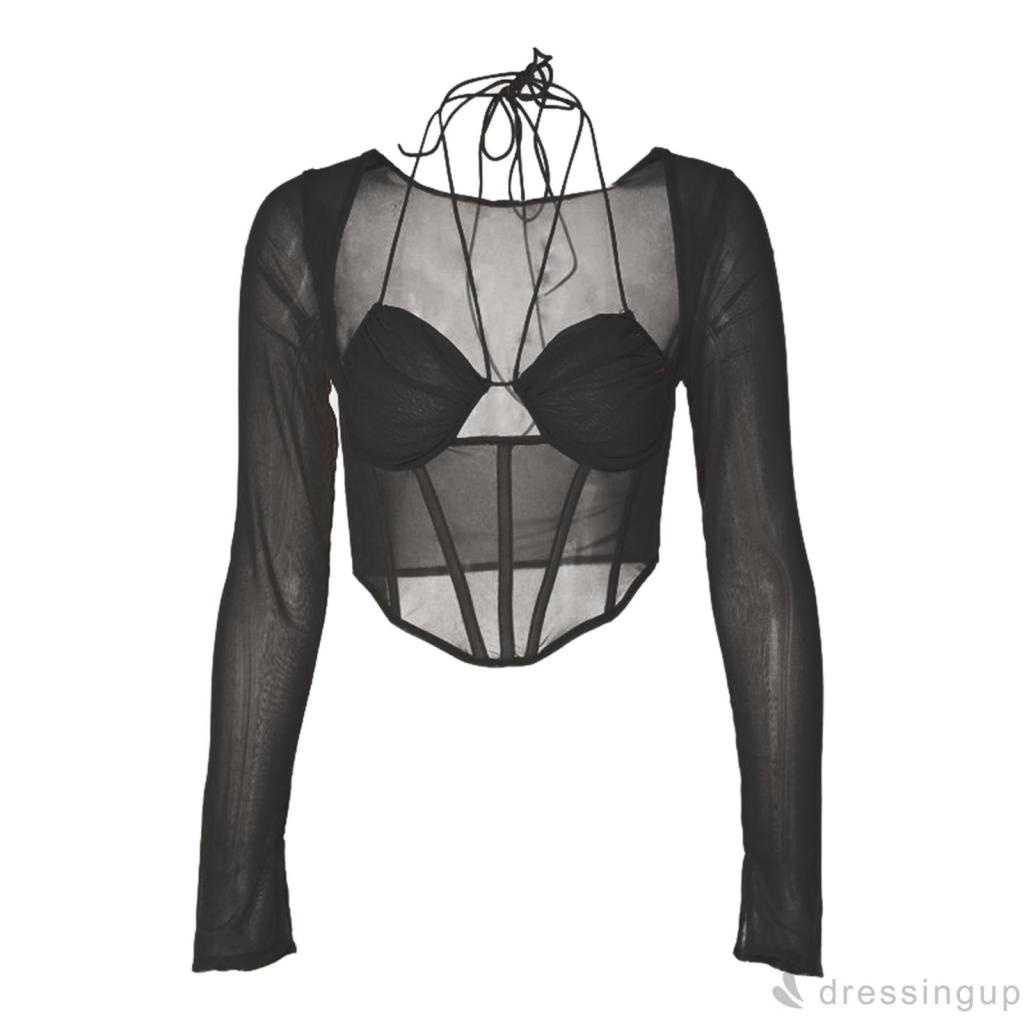 Áo Croptop Tay Dài Phối Lưới Nhiều Dây Cổ Khoét Sâu Màu Sắc Thời Trang Cho Nữ