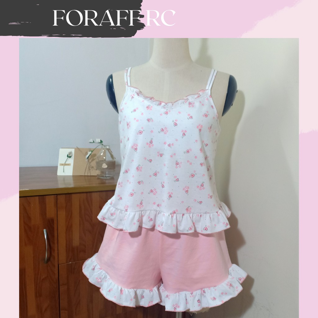 Đồ bộ ngủ nữ RCB04, hai dây, cổ tim phối bèo, thun cotton 2c 4c chiều dành cho người dưới 62kg | BigBuy360 - bigbuy360.vn